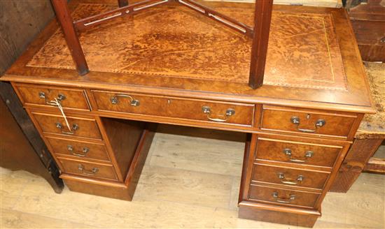 A Georgian style burr walnut pedestal desk W.121cm